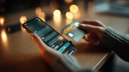 A person uses a smartphone and credit card for an online payment. The warm bokeh lighting highlights the convenience of digital banking and secure transactions.