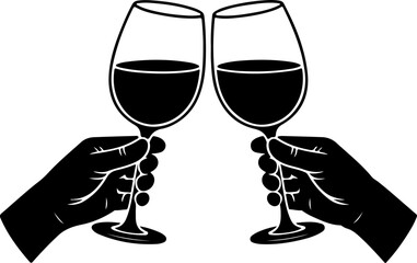 two hands holding and clinking wine  glasses vector illustration