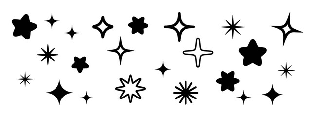 Collection of Black Starburst and Sparkle Icons on White Background