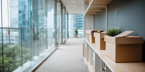 Obraz premium Cardboard moving boxes line a modern office shelf with a city view. The workspace transition is suggested by packed items, plants, and clean contemporary design.