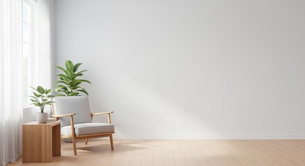 Bright, minimalist interior featuring a gray armchair, wooden side table, and potted plants near a window with sheer white curtains.