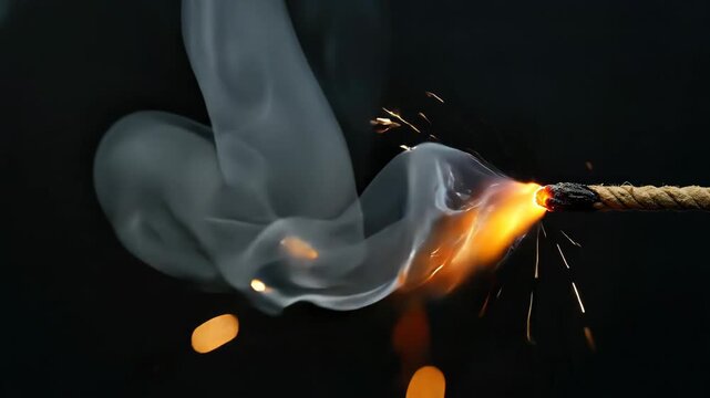 A lit fuse burning with sparks in slow motion. Close-up of a bomb wick igniting against a black background. Danger and deadline concept.
