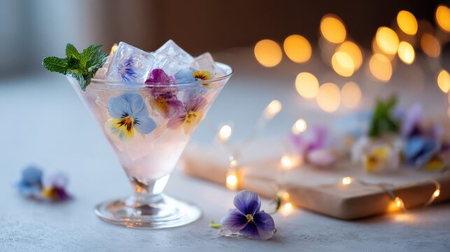 A floral cocktail with edible flowers and ice cubes sparkles in a martini glass. Festive bokeh lights and mint garnish create a luxurious, elegant party vibe.