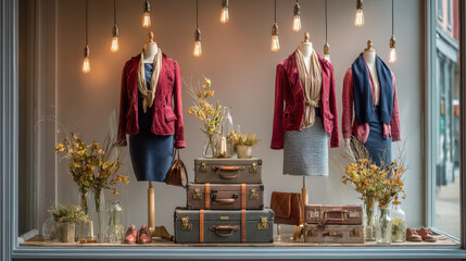 Elegant boutique window display featuring mannequins in burgundy jackets and vintage suitcases. Ambient lighting highlights chic autumn fashion and stylish decor.