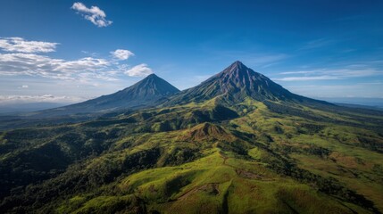 Fototapeta premium Two towering volcanoes dominate the landscape, surrounded by vibrant green hills under a clear sky. The natural beauty showcases the Earths geological wonders in morning light.