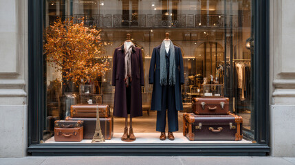 A luxury boutique window displays elegant autumn coats on mannequins. Vintage suitcases and Parisian d&eacute;cor highlight the chic fashion and stylish presentation.