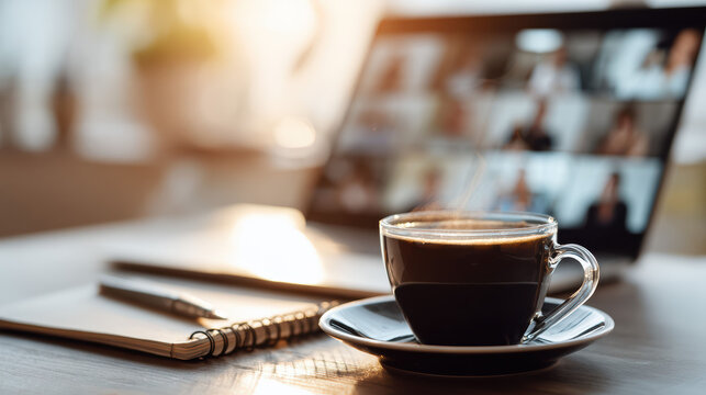 A steaming cup of coffee sits on a desk beside a notebook and pen. Sunlight streams in, highlighting a laptop screen with a virtual meeting in the background.