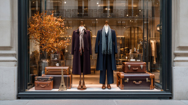 A luxury boutique window displays elegant autumn coats on mannequins. Vintage suitcases and Parisian d&eacute;cor highlight the chic fashion and stylish presentation.