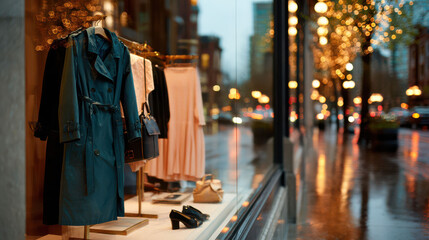Chic trenchcoats and dresses are elegantly displayed in a boutique window. City lights and rain reflections create a luxurious urban shopping scene.