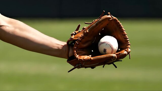 Close-up of a baseball player catching a ball in a leather glove. Tossing and catching a baseball in slow motion. Sports practice and training concept.