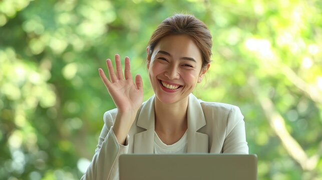 Smiling Woman in Blazer Waving Hand, with Laptop and Greenery Background for Video Calls or Remote Work