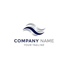 Abstract logo design featuring silver and blue wave-like shapes, with company name.