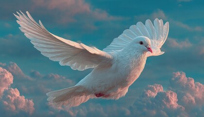 Fototapeta premium Glowing white peace dove in soft sky, International Day of Peace background