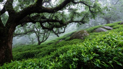Obraz premium A serene view of a tea plantation featuring vibrant green tea bushes and towering trees, enveloped in a soft mist. Early morning light creates a tranquil atmosphere in this lush landscape.