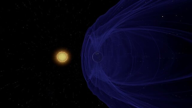 Magnetfeld der Erde mit Sonne und Sonnenwind (CGI)
