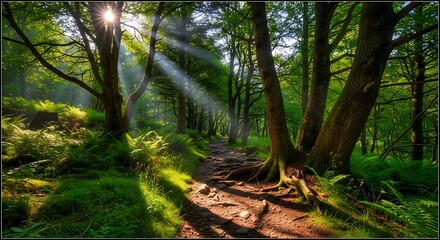 Obraz premium Sunlight Streaming Through Forest Canopy - A Serene Woodland Scene.