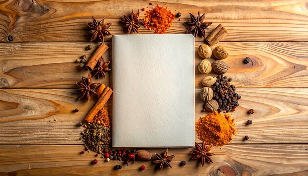 Creative culinary concept with a variety of fragrant spices and a blank notebook for recipes
