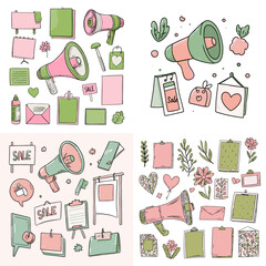 Hand-drawn doodle illustrations of megaphones, sale tags, and signs in pastel style, creative marketing elements perfect for advertising and promotion design.