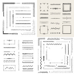Collection of decorative hand-drawn borders, frames, and divider elements in black and white style, perfect for invitations, stationery, and graphic design.