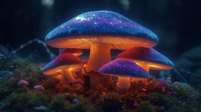 Magical Forest Scene With Glowing Mushrooms Covered In Shimmering Particles And Warm Light.