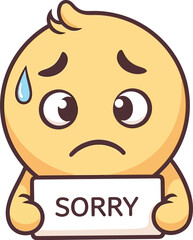An illustrated sad yellow character expressing regret and apology, holding a Sorry sign with a worried and anxious expression