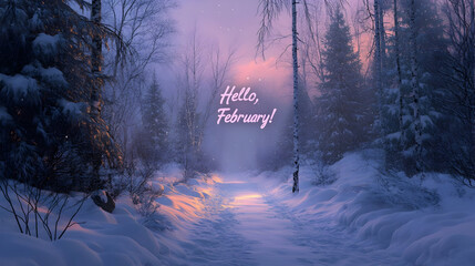 Peaceful winter forest scene with glowing sunset and hello february message