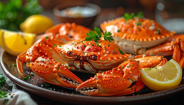 Delicious gourmet seafood dinner with cooked red crabs, fresh herbs, and zesty lemon