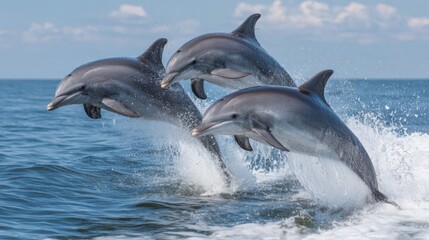 Obraz premium Group of dolphins leaps gracefully above the surface of the ocean, creating splashes while enjoying a sunny day. The blue water reflects the clear skies, emphasizing their playful energy.