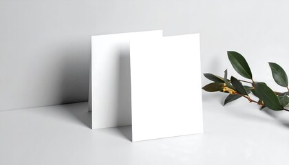 Blank cards on a white surface with greenery