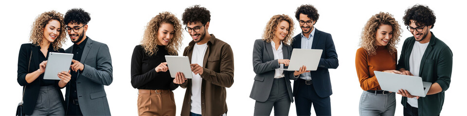 Fototapeta premium Collection of Group of people talking together, and working on laptop or tablet isolated on transparent background