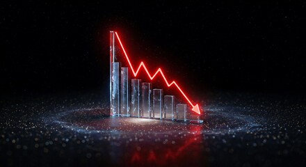 A crystal glass chart with glowing red line trending downward, floating over a dark galaxy 