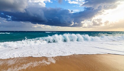 Stunning Ocean Scene: Waves Crashing on Sandy Beach under Dramatic Sky