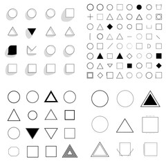 Minimalist black and white geometric shapes set featuring circles, squares, and triangles, perfect for icons, design elements, and modern graphic layouts.