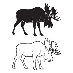 Flat Moose Silhouette & Moose Lineart – Moose Vector Style Featuring Simplified Outline – Moose Illustration – Silhouette and Lineart Set of Moose