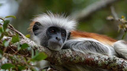 Fototapeta premium A silver monkey calmly rests on a mossy tree branch, its striking fur blending with the greenery of a vibrant tropical forest in the warm afternoon light.