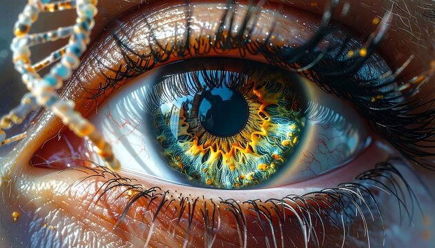 Close-up of a stylized eye with DNA strands