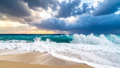 Vibrant ocean waves crash on a sandy beach beneath a dramatic cloudy sky