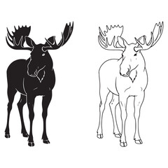 Iconic Moose Silhouette & Moose Lineart – Moose Vector Art Capturing Classic Forest Mammal – Black Vector of Moose – Vector Set of Moose