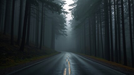 Fototapeta premium A Winding, Wet Asphalt Road Disappears Into The Dense, Misty Evergreen Forest On A Dark, Atmospheric Day. Tall Trees Line The Mysterious Path.