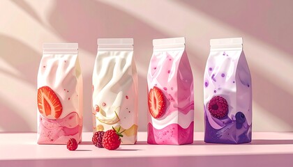Four pouches of colorful yogurt drinks with berries