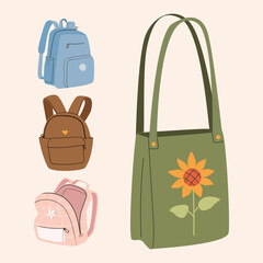 School backpack and schoolbag. Back to school children bag. Hand drawn knapsack vector illustration isolated on white background. Modern flat Rucksack cartoon style