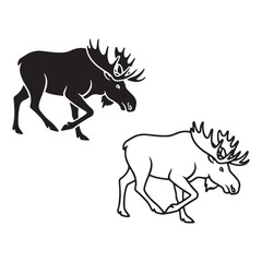Obraz premium Minimal Moose Silhouette & Moose Lineart – Moose Vector Artwork with Simplified Form – Moose Illustration – Silhouette and Lineart Set of Moose