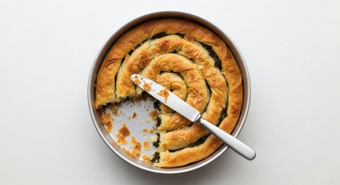 Minimalist Top-Down of Leftover Byrek Crumbs and a Serving Knife