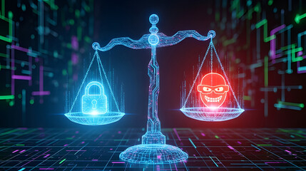 Holographic Scales of Justice with Lock and Hacker Icon