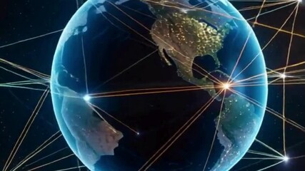 A rotating 3D infographic showing global business expansion, with arrows connecting major cities. - Powered by Adobe