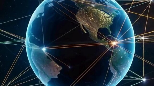 A rotating 3D infographic showing global business expansion, with arrows connecting major cities.