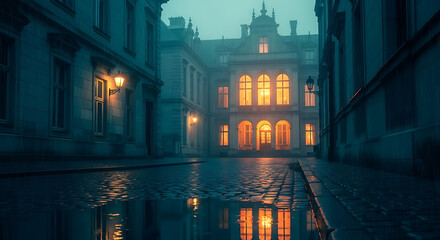 Rainy night in city with illuminated building