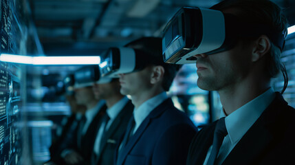 Business team wearing VR headsets analyzing cyber defense simulations.