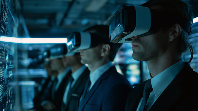 Business team wearing VR headsets analyzing cyber defense simulations.