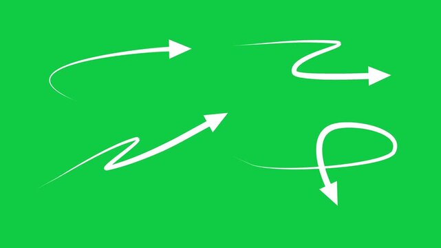 White Arrows In Curved Motion on Green Screen &ndash; Dynamic Direction, Path, And Flow Design, Marker Arrows, Hand Drawing Arrows.